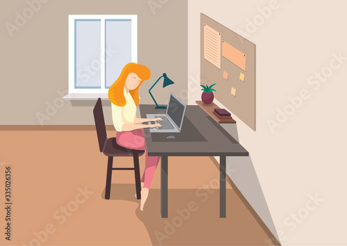 Female character working at home. Illustration of remote work in cartoon style.
