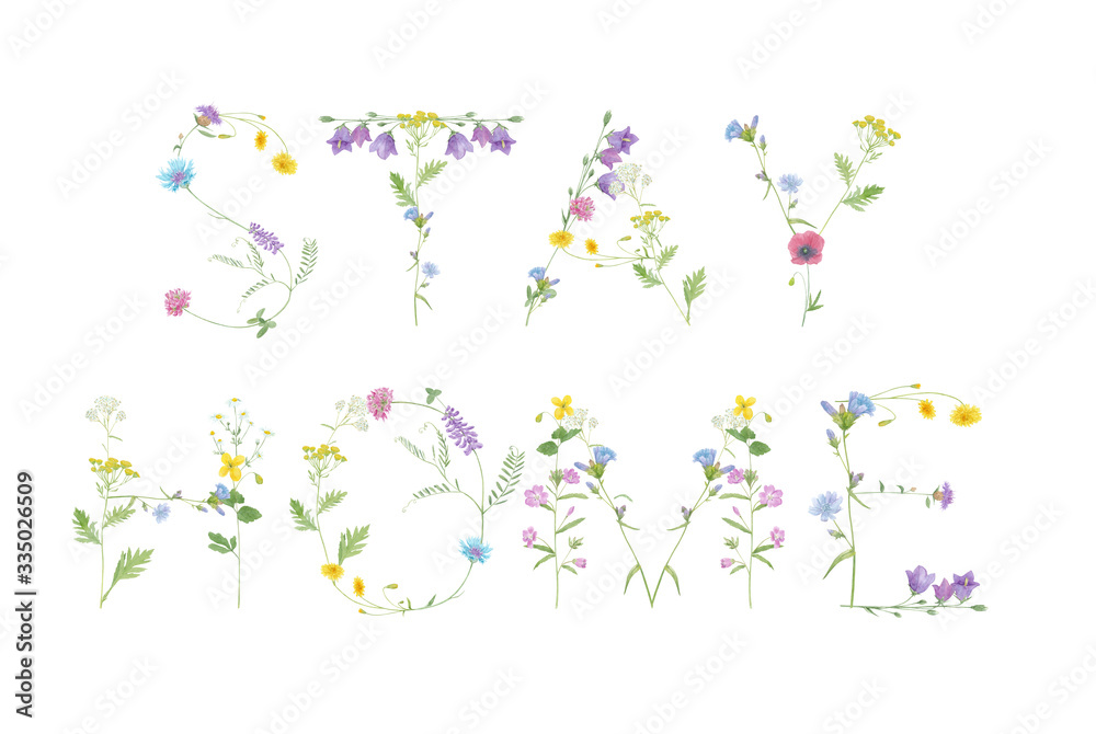 Stay home illustration. Watercolor hand drawn wild meadow flowers quote isolated on white background. Quarantine or self-isolation for coronavirus prevention. Flower letter for poster, card, design. Stay home illustration. Watercolor hand drawn wild meadow flowers quote isolated on white background. Quarantine or self-isolation for coronavirus prevention. Flower letter for poster, card, design.