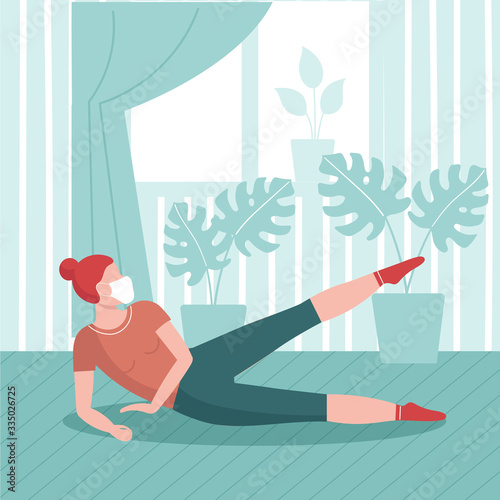 Young woman in medical mask practices yoga at home. Coronavirus prevention, isolation and quarantine concept. Outbreak prevention. Stay home and do sports. Flat vector illustration.