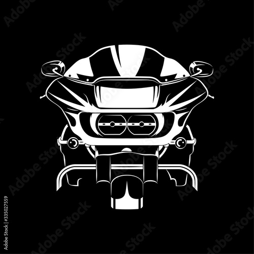 Vector illustration of Road Touring motorcycle silhouette on Black background. Can be used for printed on motorcycle club t-shirt, background, banner, posters, icon, web, etc.
