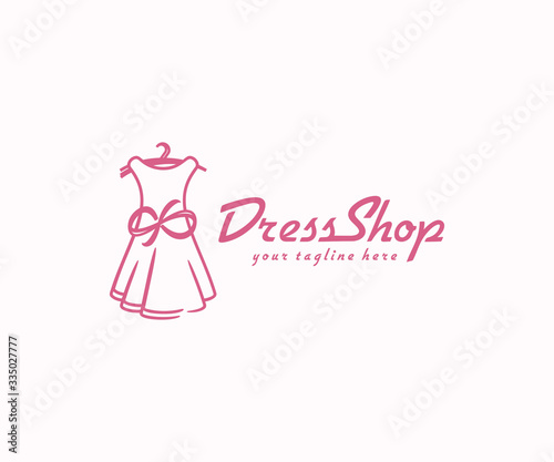 Dress with bow logo design. Fashion boutique shop vector design. Women clothes logotype