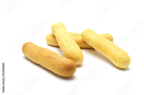 Rustic grissini bread sticks. Crispy straw biscuit isolated on white background.
