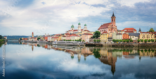 Passau city panorama with Danube river at sunset, Bavaria, Germany