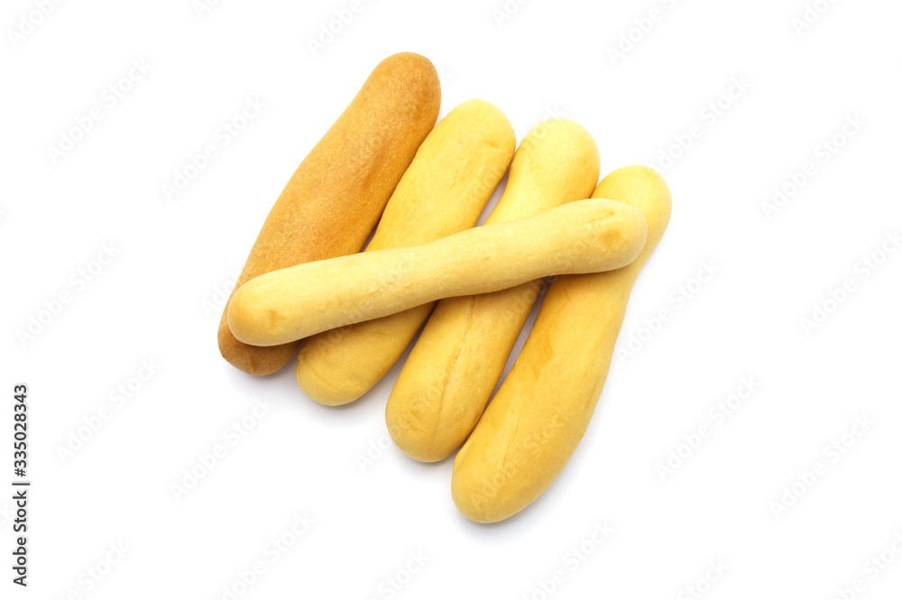 Rustic grissini bread sticks. Crispy straw biscuit isolated on white background.