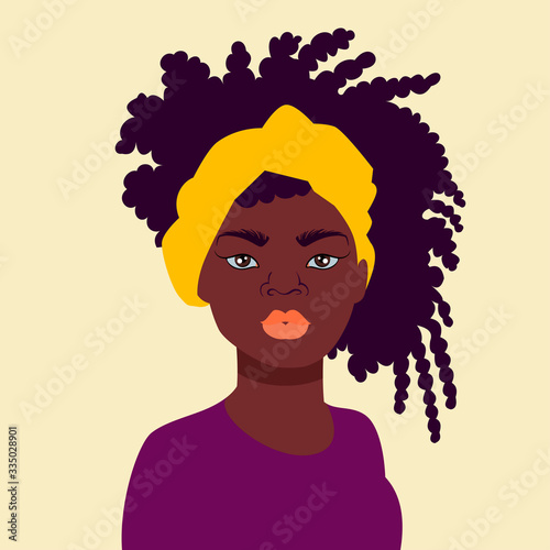 Vector illustration of a black woman face. Great for avatars, hairstyles for African American women. African american woman in bright clothes with a bandage on her head.Vector illustration.