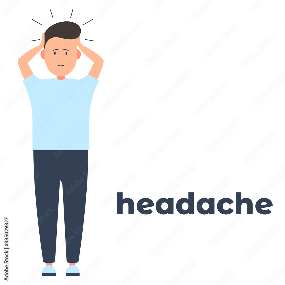 Vector icon of a character having headache because of the infection. It represents a concept of medical protection, virus symptoms, headache as a symptom, health safety and virus quarantine Vector icon of a character having headache because of the infection. It represents a concept of medical protection, virus symptoms, headache as a symptom, health safety and virus quarantine