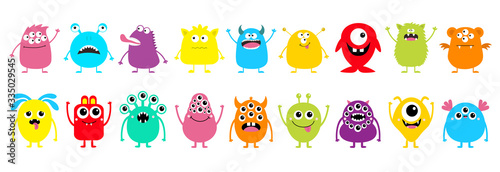 Happy Halloween Monster set line. Cute kawaii cartoon colorful funny scary character icon. Eyes, horns, hands, tongue, fang teeth . Funny baby collection. Flat design. White background Isolated.