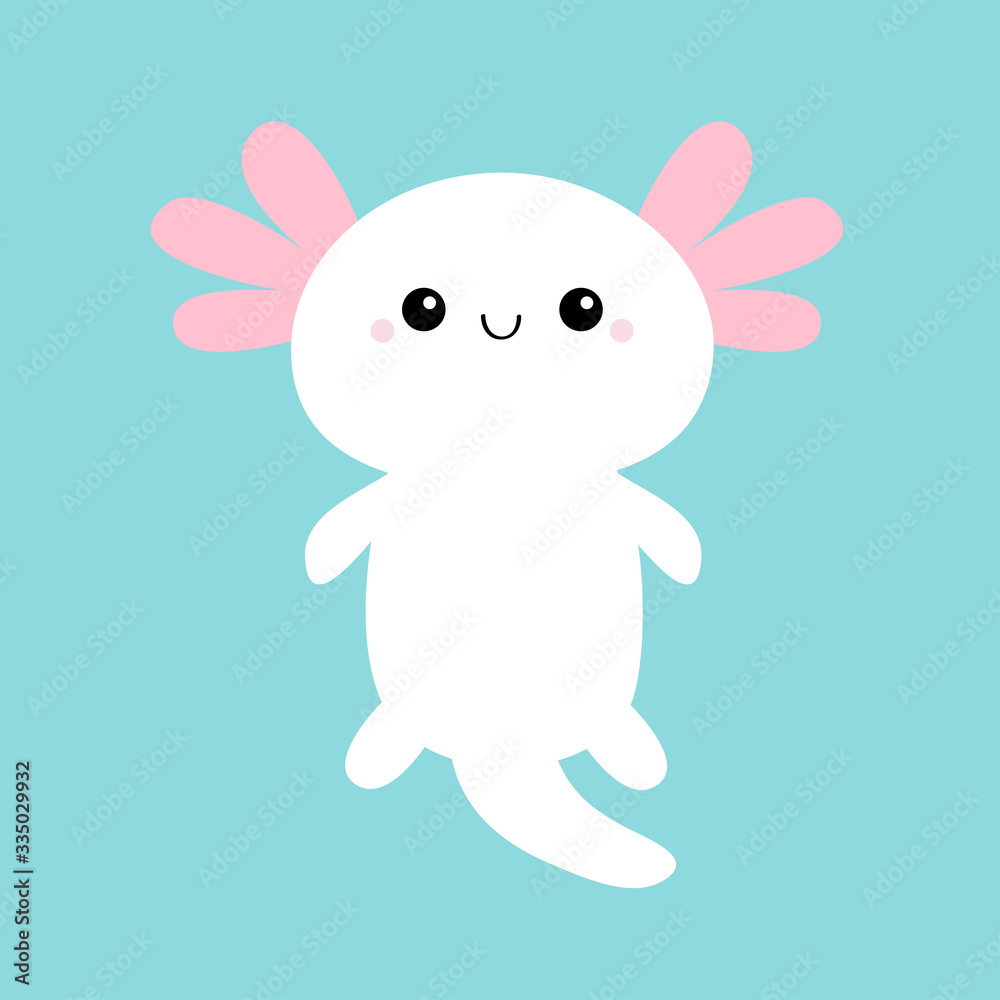 Axolotl Mexican Salamander White Axolotyl Ambysoma Mexicanum Cute Cartoon Kawaii Funny Smiling Baby Character Water Dragon Pink Horns Flat Design Blue Background Isolated Stock Vector Adobe Stock