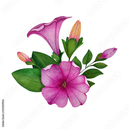 Beautiful composition with petunias flowers, buds and leaves. Watercolor botanical illustration.For birthday, wedding greeting cards, invitations,  stickers, embroidery patterns, print for textiles. photo
