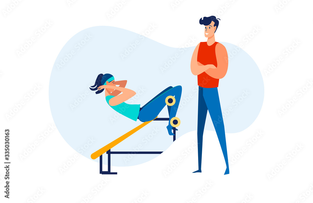 Active lifestyle set. Dad and son exercising together, body trainer, gym interior. Flat vector illustrations. Sport, activity, energy concept for banner, website design or landing web page