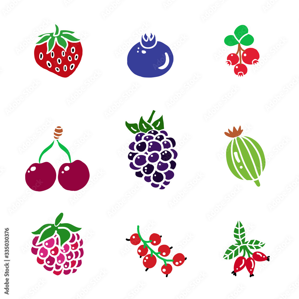 Φωτογραφία Set of simple wild berries icons:strawberry, blueberry, rasberry, cherry, cranberry, lingonberry
