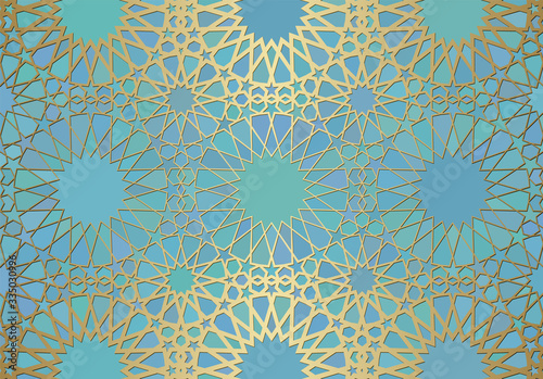 Abstract background with islamic ornament, arabic geometric texture. Golden lined tiled motif.