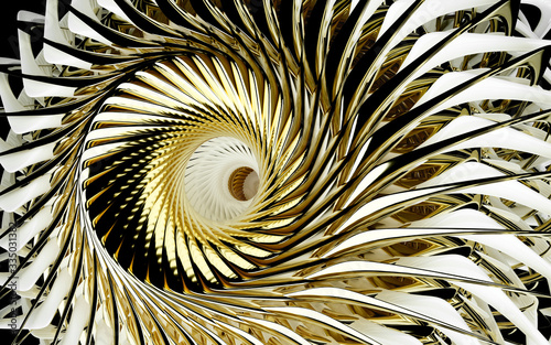 Fototapeta Naklejka Na Ścianę i Meble -  3d render of abstract art of 3d industrial background with part of surreal turbine jet engine or flower in spiral pattern with sharp curve blades in gold and white ceramic material