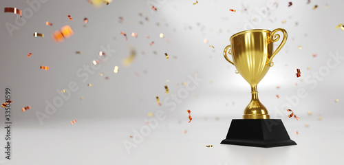 Golden trophy cup with falling confetti with realistic confetti on white background. copy space for text. 3d rendering.