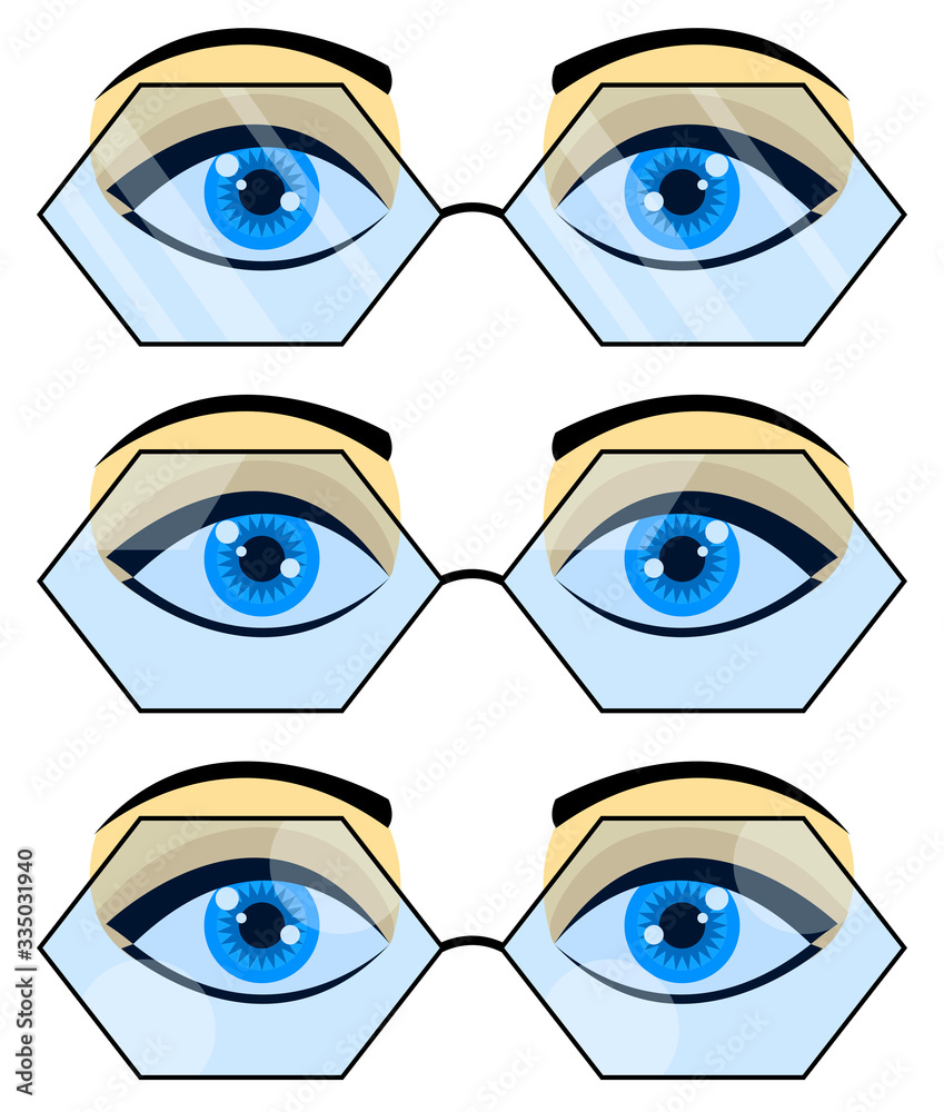 Set Of Three Pairs Of Beautiful Female Blue Eyes In Tinted Hexagon Shaped Glasses With Blue