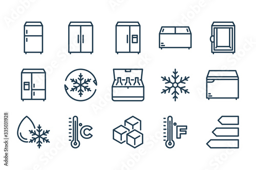 Fridge and Refrigerator related line icon set. Keep Frozen and Frozen Product vector linear icons.