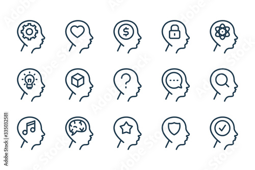 Brainstorming and Thinking related line icons. Mind and brain process vector linear icon set.