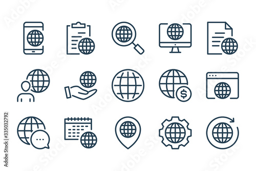 World network and global internet access line icons. Planet earth and World Wide Web vector linear icon set.