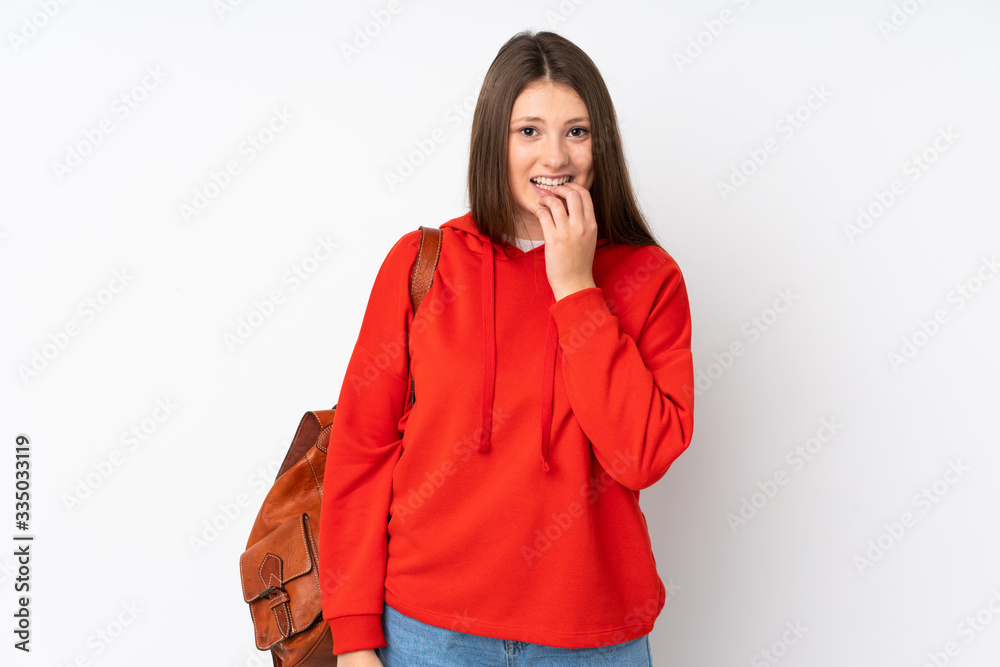 Teenager caucasian student girl isolated on white background nervous and scared Teenager caucasian student girl isolated on white background nervous and scared