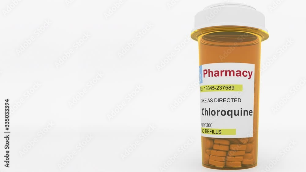 Prescription pharmacy vial with chloroquine generic drug pills as a possible coronavirus disease treatment. 3D animation Prescription pharmacy vial with chloroquine generic drug pills as a possible coronavirus disease treatment. 3D animation
