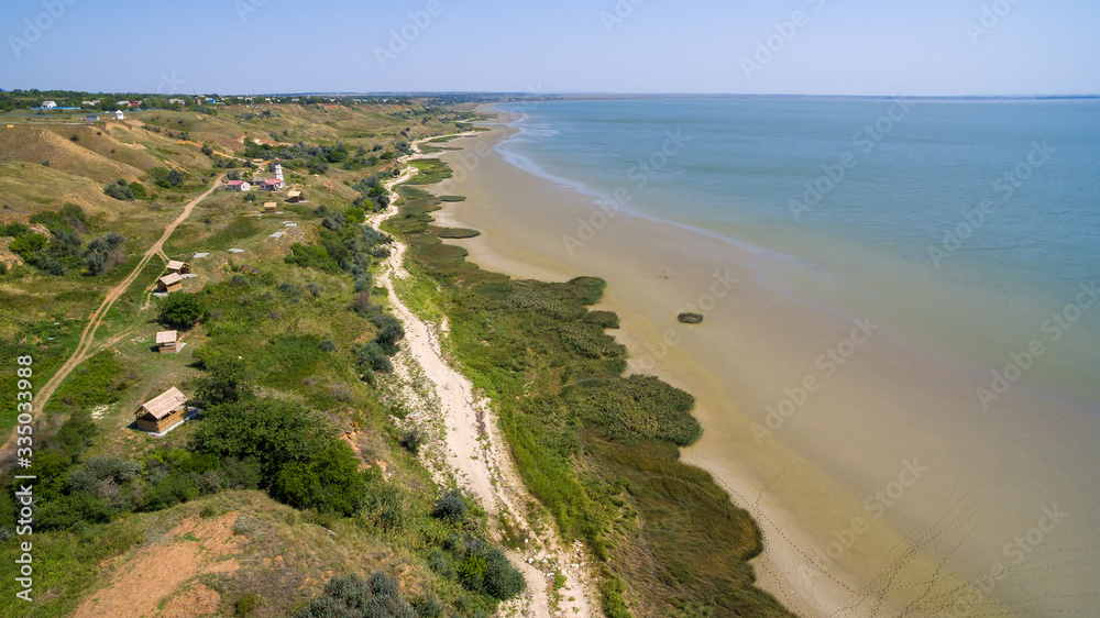 Aerial view of Lighthouse in Merzhanovo. Azov sea. Russia