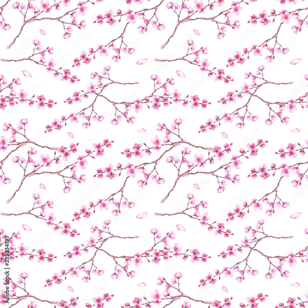  Watercolor seamless pattern with cherry blossoms. Sakura background.