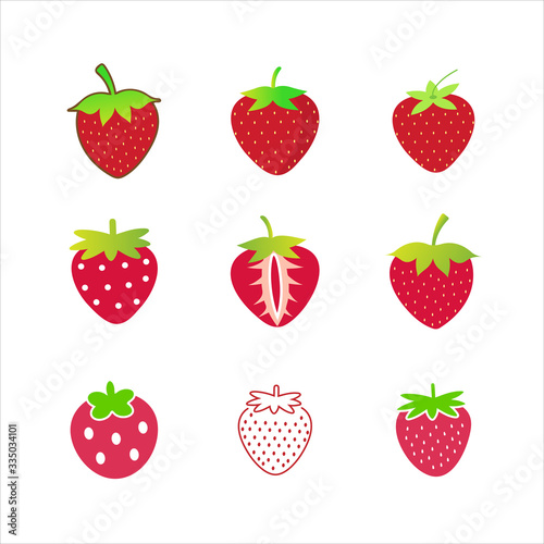 Fruit flat icon.Cute fresh strawberry collection set with green leaf isolated on white background.Using for clipart.Cartoon fruits.Vector.Illustration.