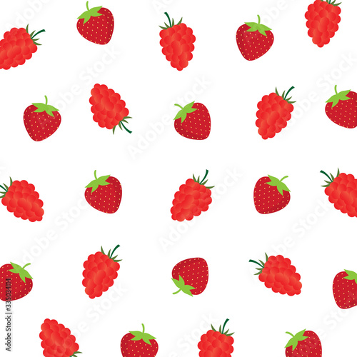 Fruit pattern.Cute fresh strawberry and raspberry isolated on white background.Design for print or screen backdrop ,fabric and tile wallpaper.Cartoon fruits.Vector.Illustration.