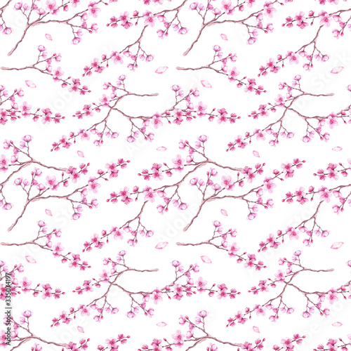  Watercolor seamless pattern with cherry blossoms. Sakura background. © Vilena