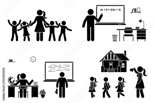 Stick figure teacher with kids, writing on chalkboard, teaching student, sitting at desk vector icon pictogram. First day, back to school, parent and children set on white