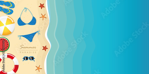 different beach utensils summer holiday background with flip flops sunglasses bikini and starfish vector illustration EPS10