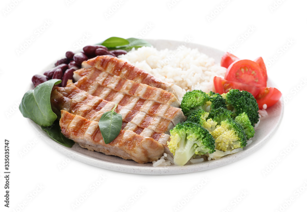 Tasty rice with beans and chicken meat isolated on white Tasty rice with beans and chicken meat isolated on white