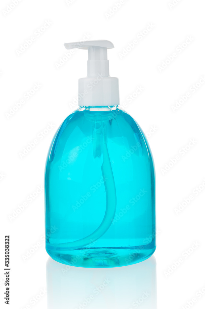 Liquid soap in plastic bottle close up isolated on white background Liquid soap in plastic bottle close up isolated on white background