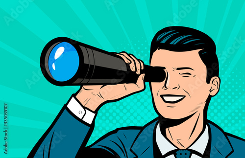 Businessman looking through spyglass. Retro comic pop art vector illustration