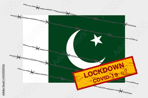 Pakistan flag with signboard lockdown warning security due to coronavirus crisis covid-19 disease design with barb wired isolate vector