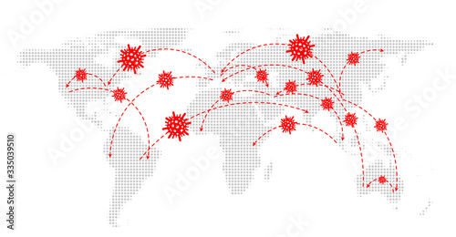World halftone map with red covid-19 icons and arrows.