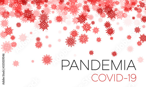 Red coronavirus confetti with Pandemia covid-19 sign.