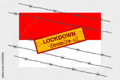 Indonesia flag with signboard lockdown warning security due to coronavirus crisis covid-19 disease design with barb wired isolate vector