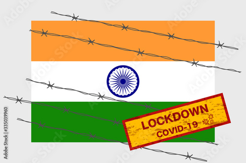 India flag with signboard lockdown warning security due to coronavirus crisis covid-19 disease design with barb wired isolate vector