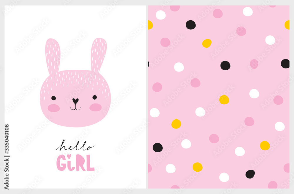 Hello Girl. Funny Nursery Vector Illustration with Cute Pink Baby Bunny Isolated on a White Background. Simple Irregular Dotted Pattern. White, Black, Pink and Yellow Dots on a Light Pink Background. Hello Girl. Funny Nursery Vector Illustration with Cute Pink Baby Bunny Isolated on a White Background. Simple Irregular Dotted Pattern. White, Black, Pink and Yellow Dots on a Light Pink Background.