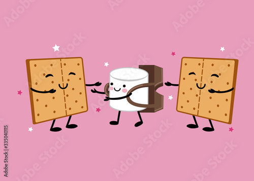 . Marshmallow Cartoon Character with a chocolate backpack and Graham Crackers..S’more vector illustration.Isolated objects on a pink background.