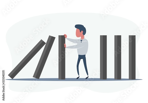 Businessman stopping falling domino vector concept. Symbol of crisis, risk, management, leadership and determination. vector illustration.