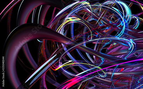 3d render of abstract art 3d background based on curve wavy organic bio forms tubes or pipes in black matte metal and glass material with neon glowing treads inside in purple blue pink and yellow 