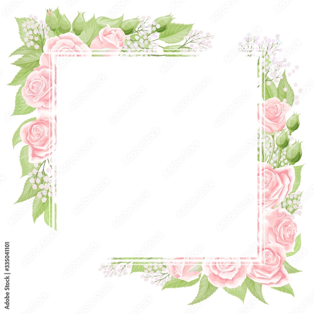Pink cream rose square frame, hand draw vector illustration Pink cream rose square frame, hand draw vector illustration