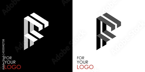 Isometric letter F. From stripes, lines. Template for creating logos, emblems, monograms. Black and white options. 3D art symbol. Vector