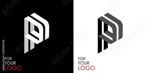 Isometric letter P. From stripes, lines. Template for creating logos, emblems, monograms. Black and white options. 3D art symbol. Vector