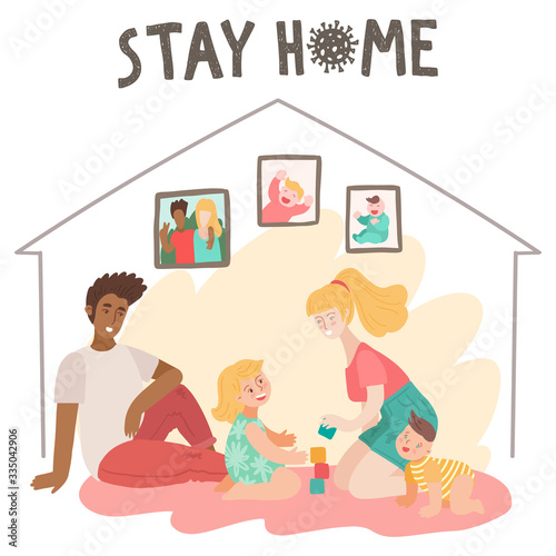Young parents and their children smiling and playing together. Happy family. Coronavirus concept. Stay home banner template. Pandemic self isolation, quarantine, health care, protection. 