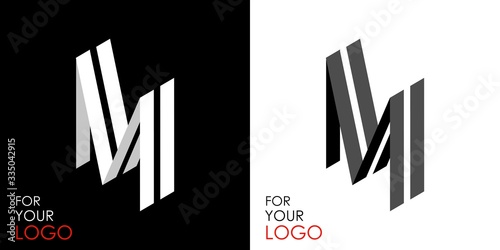 Isometric letter M. From stripes, lines. Template for creating logos, emblems, monograms. Black and white options. 3D art symbol. Vector