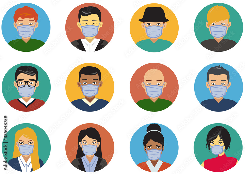 Character set, people wearing face masks, Avatar icons in flat design Character set, people wearing face masks, Avatar icons in flat design