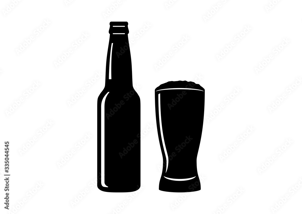 Beer bottle and glass icon silhouette vector. Alcohol bottle and glass isolated on a white background. Bottle of beer vector Beer bottle and glass icon silhouette vector. Alcohol bottle and glass isolated on a white background. Bottle of beer vector